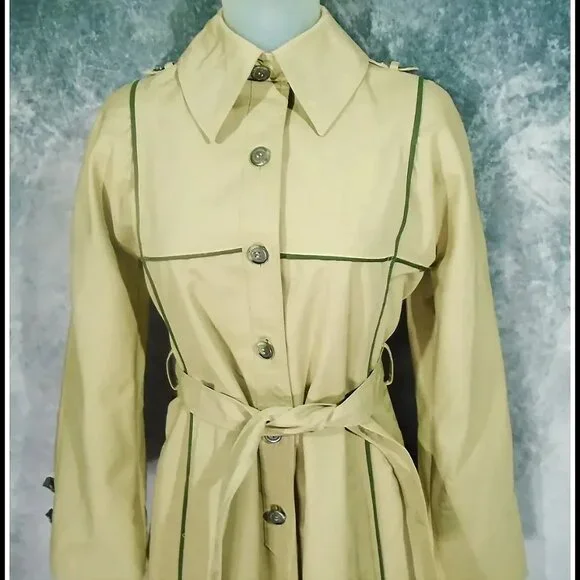 MOD Vintage Khaki Trench Coat Geometric Lines Raincoat VFG, Unique Styling - Picture 3 of 14